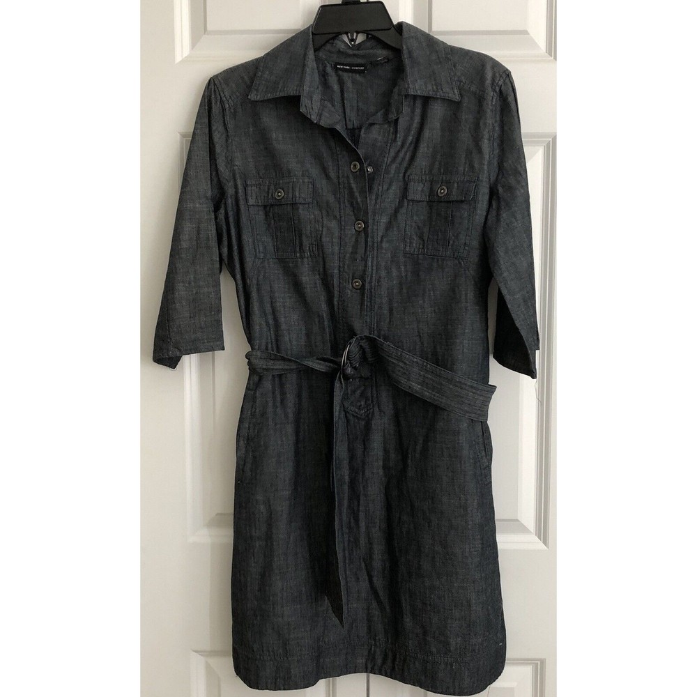 NEW YORK & COMPANY BELTED SHIRT DRESS SZ.8 COTTON 3/4 SLEEVES 1/2 HALF BOTTON $$